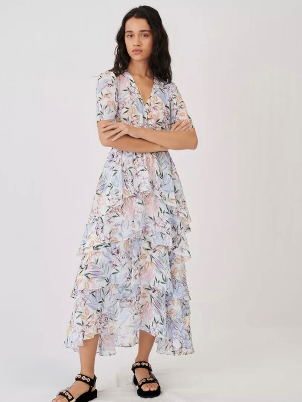 Maje Ruffle Asymmetrical Muslin Maxi Dress in White Jungle Print Size 40 NWT